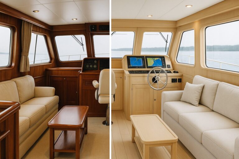 Comparison of classic dark wood vs modern light wood pilothouse interiors on a North Pacific Yacht