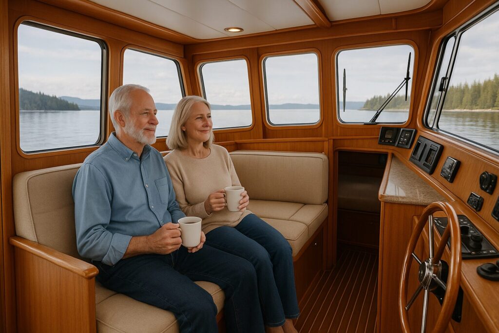 Couple enjoying coffee inside a North Pacific Yacht pilothouse with wooden interior and scenic lake views