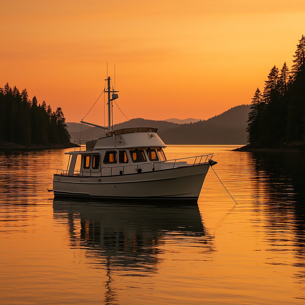 North Pacific custom pilothouse yacht anchored at sunset in calm waters