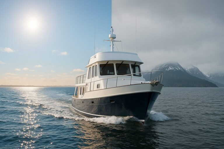 North Pacific pilothouse trawler cruising on calm waters with misty mountain background