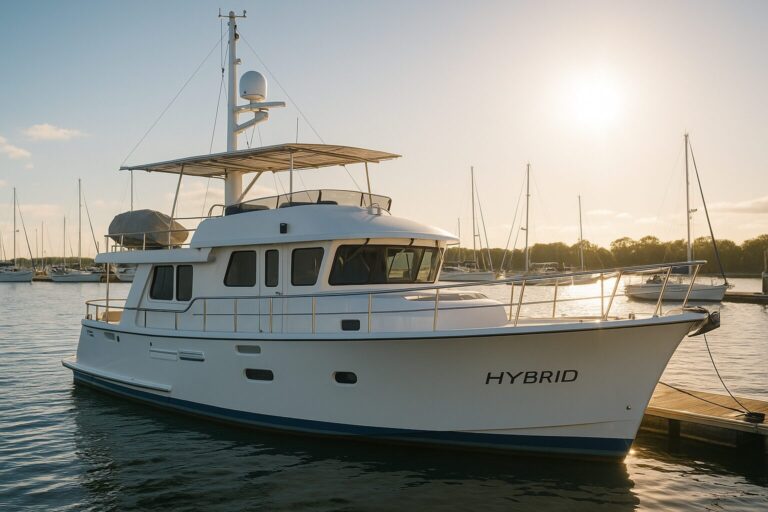 North Pacific Hybrid trawler yacht docked at marina during sunset