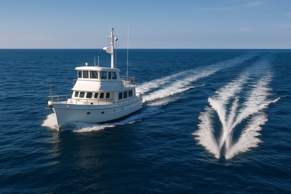White pilothouse yacht cruising on open blue ocean with wake trailing behind