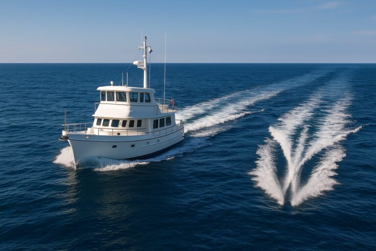 White pilothouse yacht cruising on open blue ocean with wake trailing behind