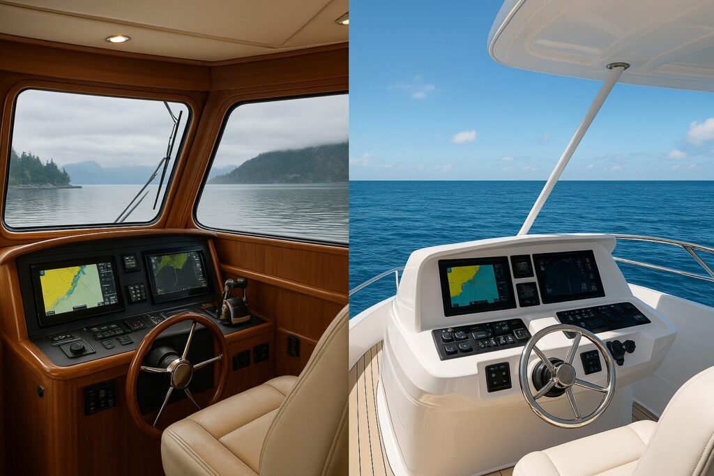 North Pacific Yachts pilothouse and open helm with navigation systems and steering wheels