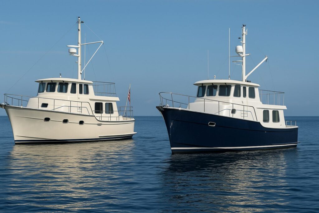 Two North Pacific trawler yachts on calm sea under clear sky