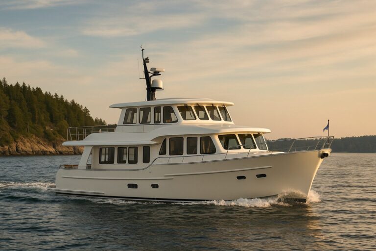 North Pacific Yachts custom pilothouse trawler cruising near forested shore at sunset