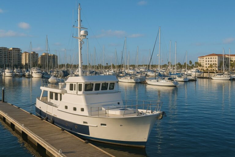 Custom North Pacific pilothouse yacht docked in marina with sailboats and buildings in background