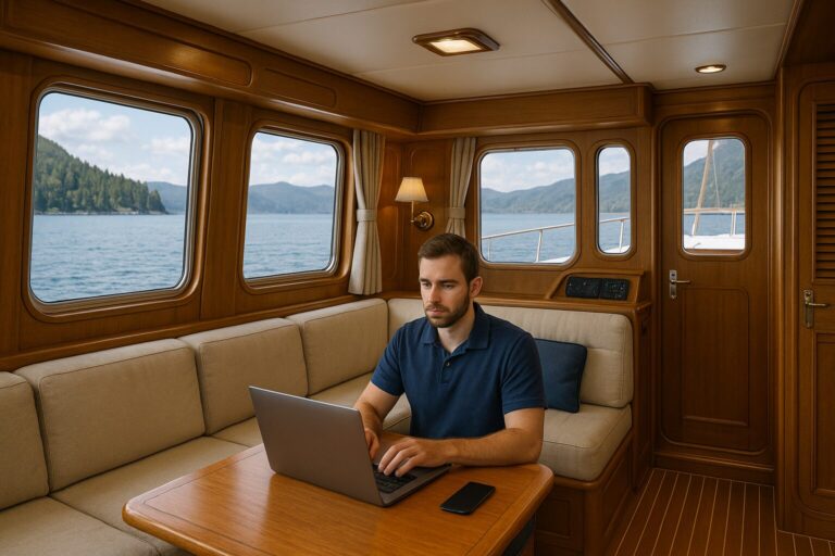 Man working on laptop inside North Pacific Yachts pilothouse with ocean view
