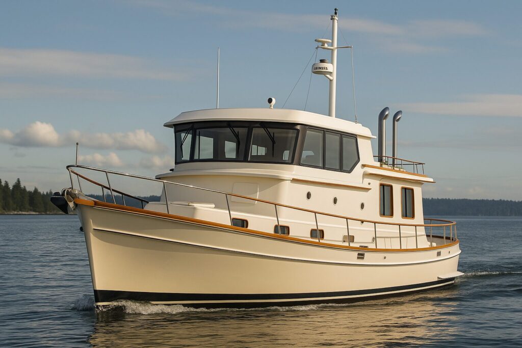 North Pacific Yachts custom pilothouse trawler cruising on calm water