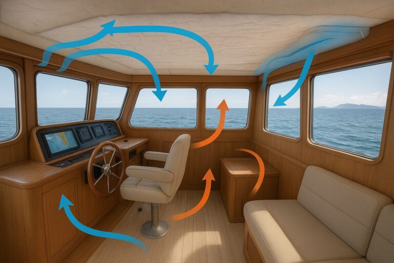 Pilothouse interior with airflow arrows showing ventilation system on a trawler yacht