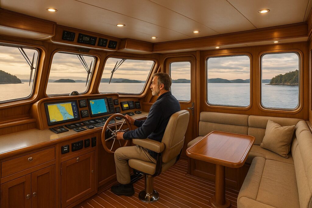 Man piloting a custom North Pacific Yacht in a wooden pilothouse with navigation screens and scenic water view