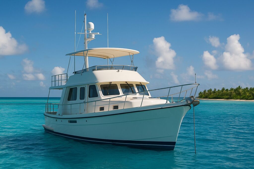 North Pacific Yachts pilothouse boat anchored in clear tropical waters near a palm-lined island