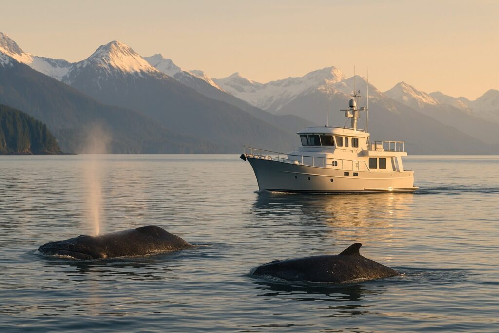 North Pacific trawler yacht cruising near whales in calm water with snow-capped mountains in background
