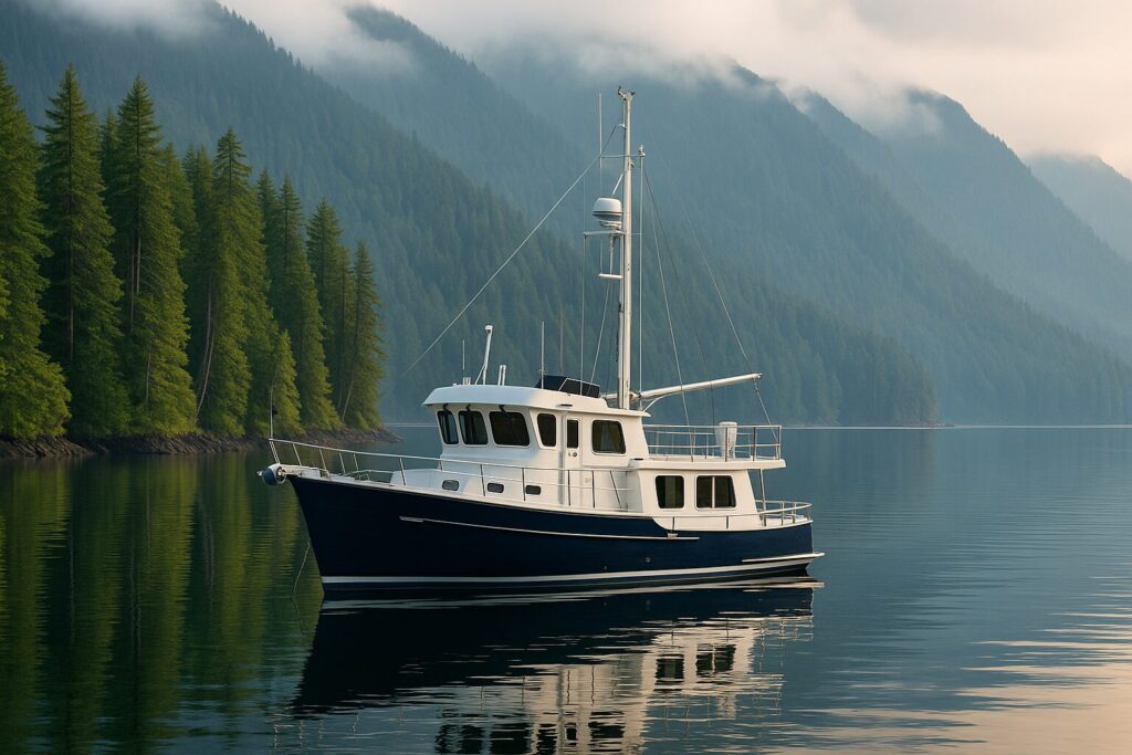 North Pacific pilothouse yacht on calm water with misty forested mountains in the background