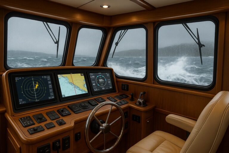 North Pacific Yachts pilothouse helm with navigational electronics and stormy sea view