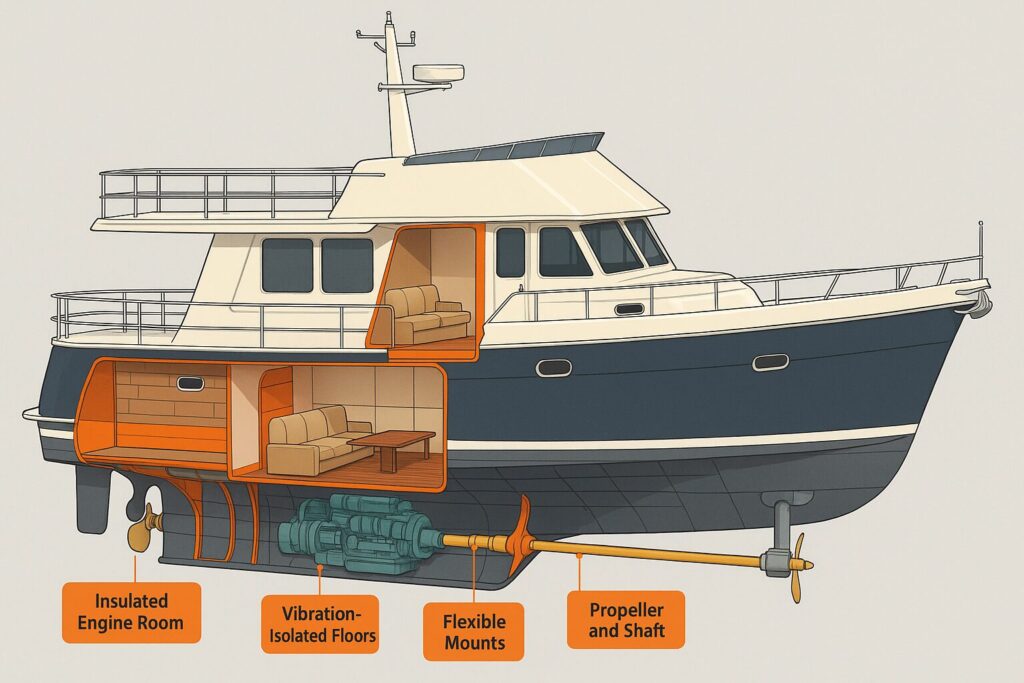 Cross-section of a trawler yacht showing insulated engine room and vibration isolation features