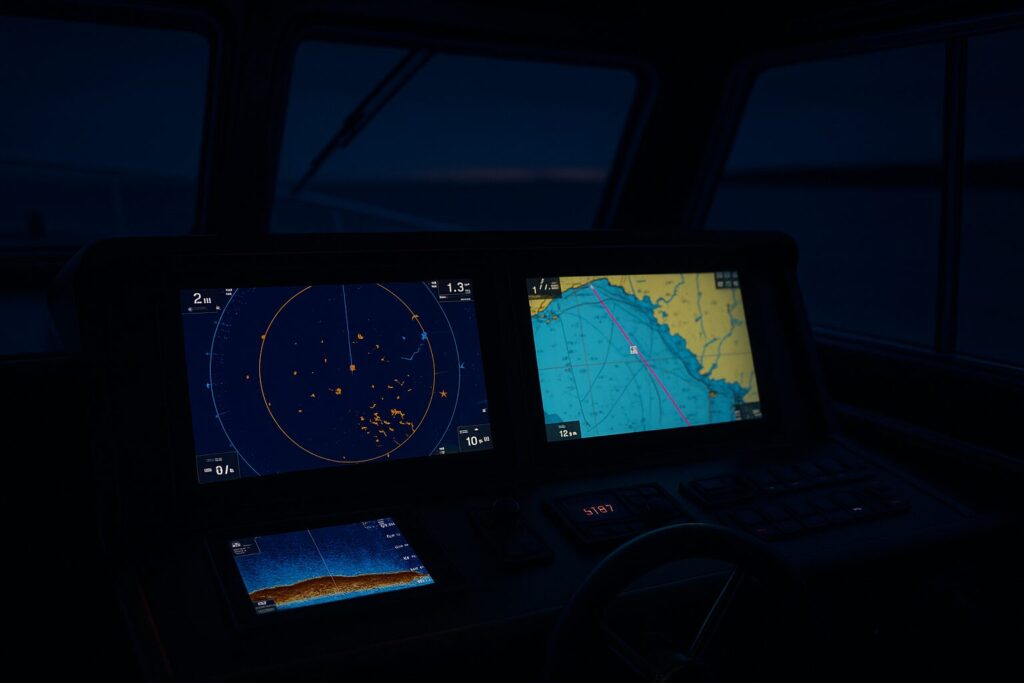 Night view of yacht navigation system with radar and chart displays