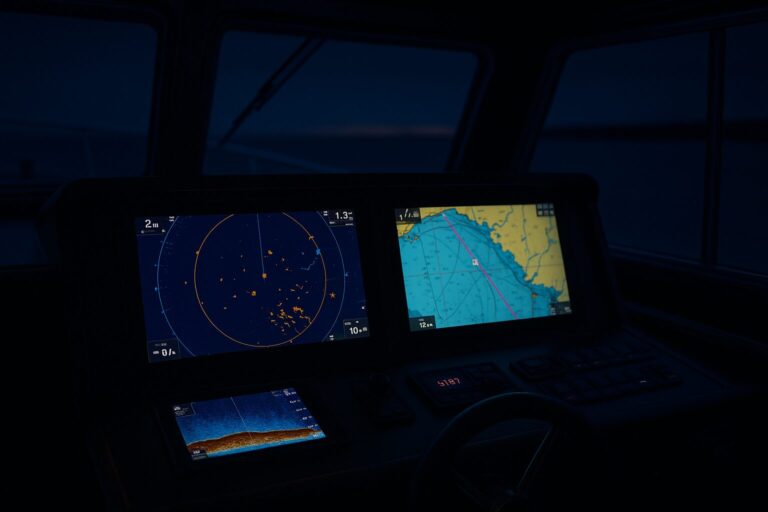 Night view of yacht navigation system with radar and chart displays