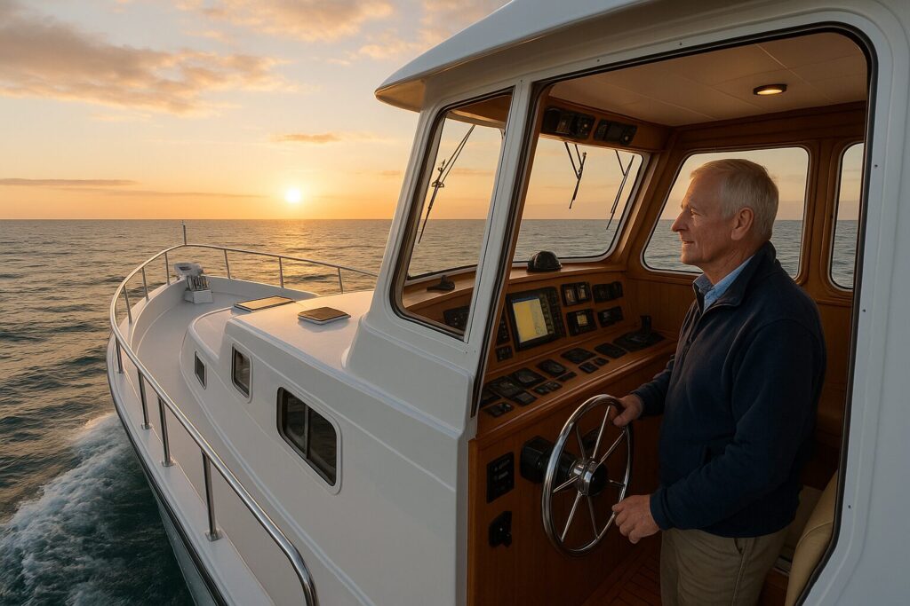Man steering North Pacific pilothouse yacht at sunset on calm ocean