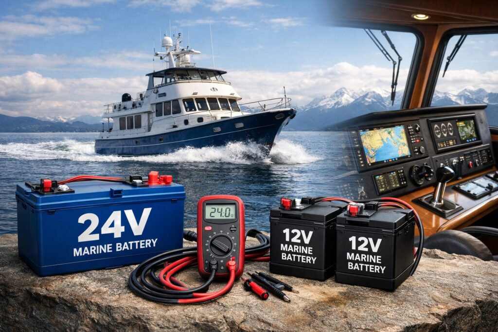 Marine batteries and voltmeter with luxury trawler yacht and pilothouse helm in background