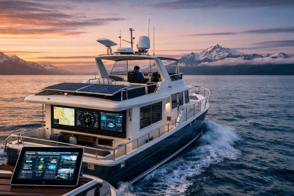 North Pacific Yachts pilothouse boat cruising at sunset with mountain backdrop
