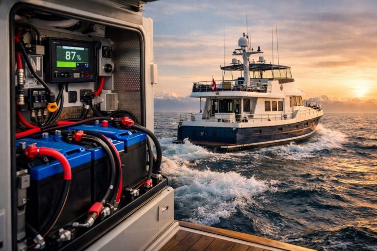 Battery system monitoring at 87% on a trawler yacht at sunset on open water