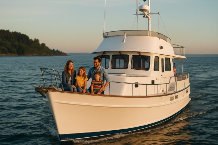 Family enjoying time aboard a North Pacific pilothouse yacht on calm sea at sunset