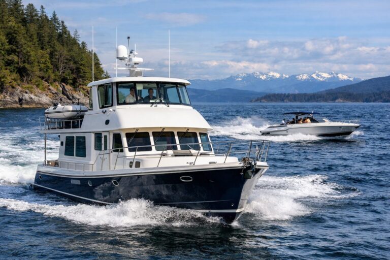 North Pacific custom pilothouse yacht cruising near forested coastline and mountains