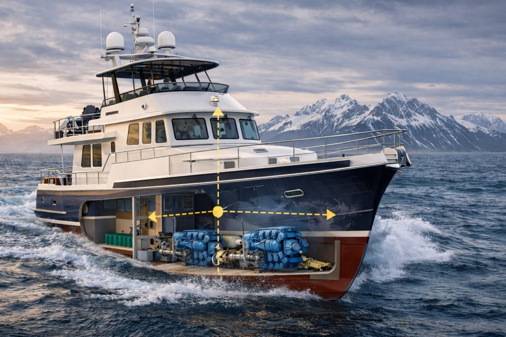 North Pacific Yacht trawler cutaway view showing engine placement and mechanical layout