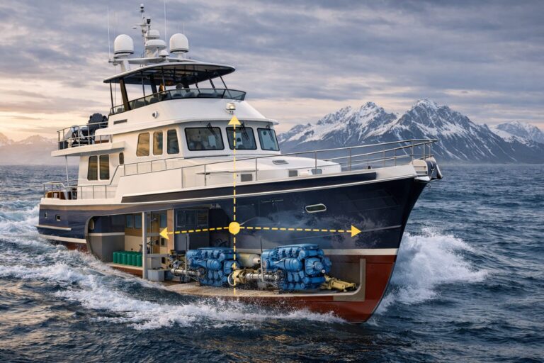 North Pacific Yacht trawler cutaway view showing engine placement and mechanical layout