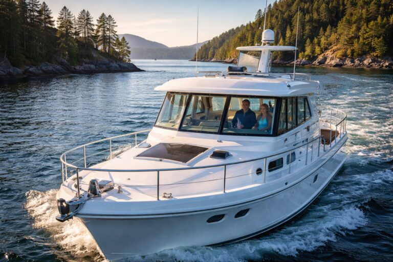 North Pacific Yachts pilothouse boat cruising in scenic forested inlet at sunset