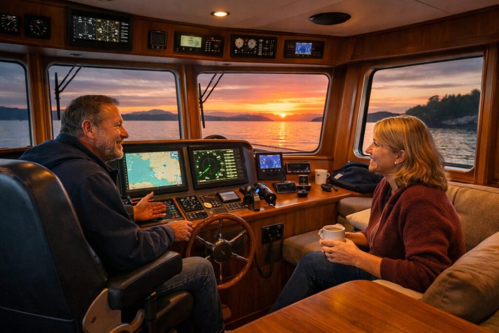 Couple enjoying sunset view inside pilothouse of custom North Pacific Yacht