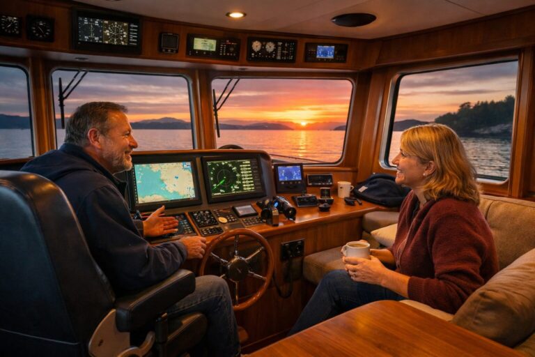 Couple enjoying sunset view inside pilothouse of custom North Pacific Yacht
