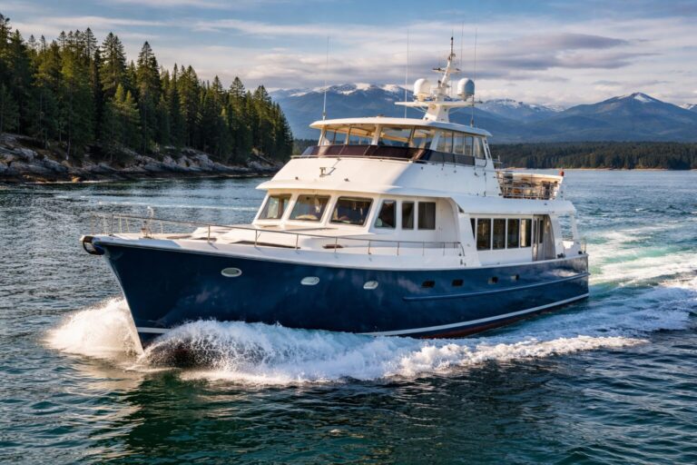 North Pacific Yacht cruising near forested coastline with mountains in background