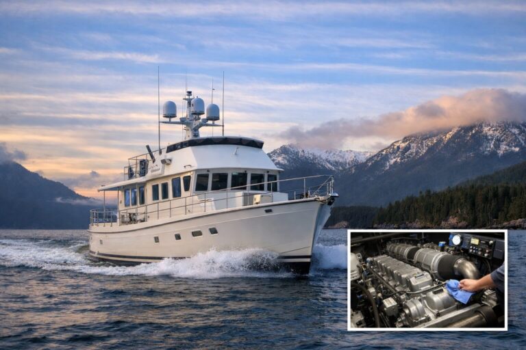 North Pacific Yachts pilothouse trawler cruising with inset showing engine maintenance
