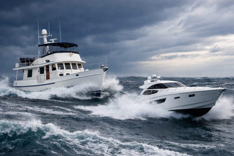 Two luxury yachts navigating rough seas under cloudy sky