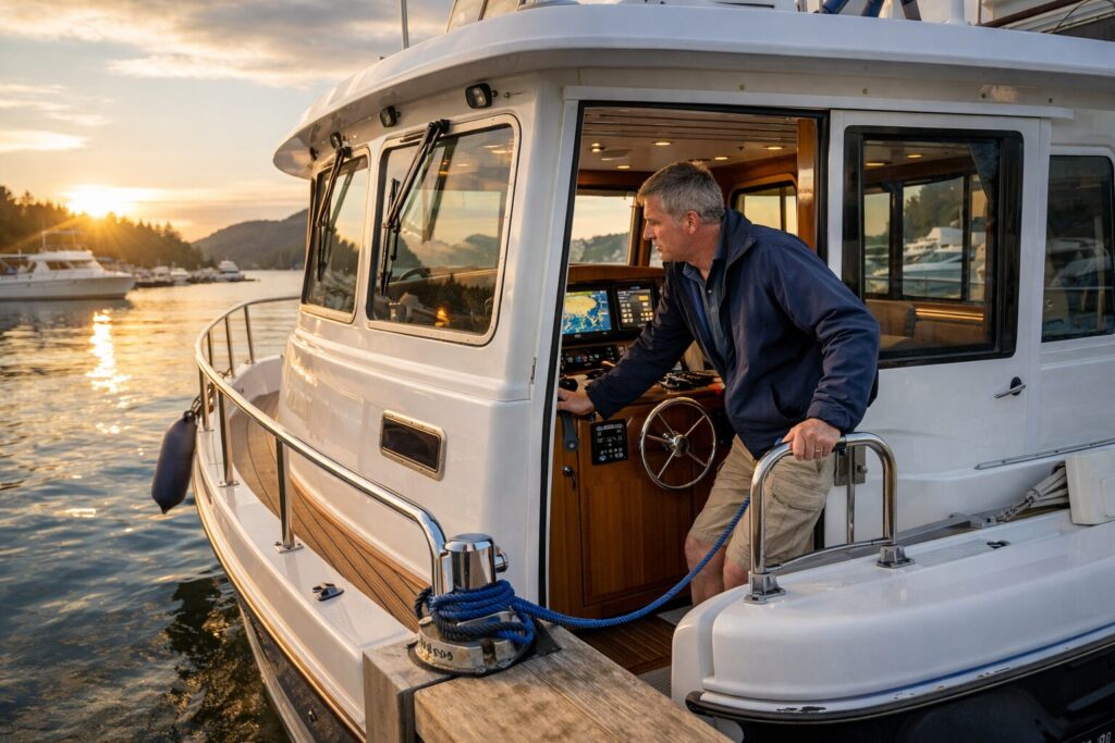 Man docking a North Pacific Yacht trawler boat at sunset in a marina