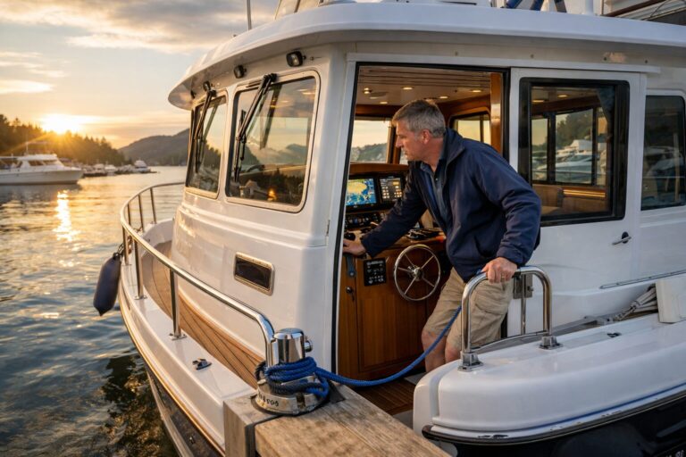 Man docking a North Pacific Yacht trawler boat at sunset in a marina