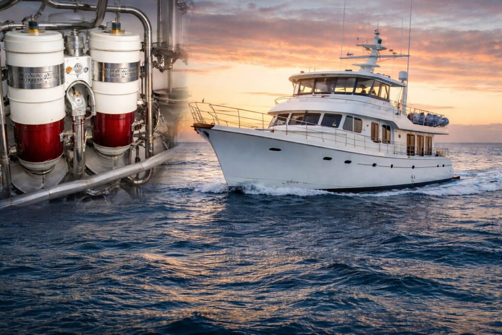 North Pacific Yacht cruising at sunset with a close-up of its advanced engine components
