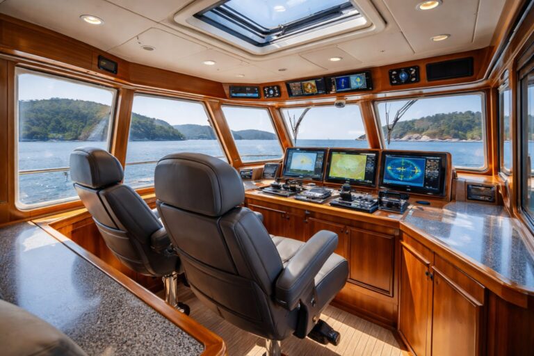 Luxury pilothouse helm with leather captain chairs and advanced navigation screens on a custom trawler yacht