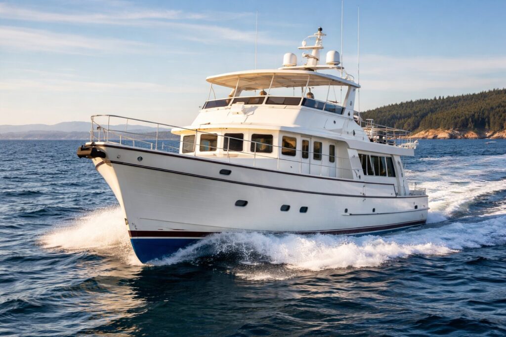 North Pacific custom pilothouse yacht cruising on calm ocean waters near forested coastline