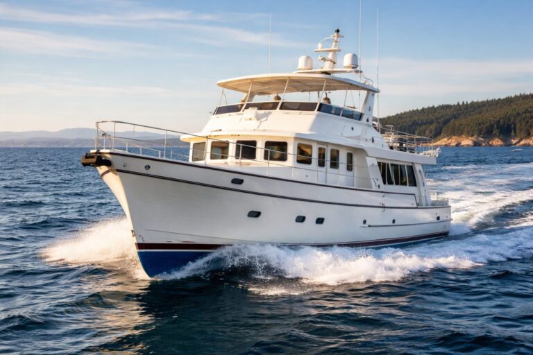 North Pacific custom pilothouse yacht cruising on calm ocean waters near forested coastline