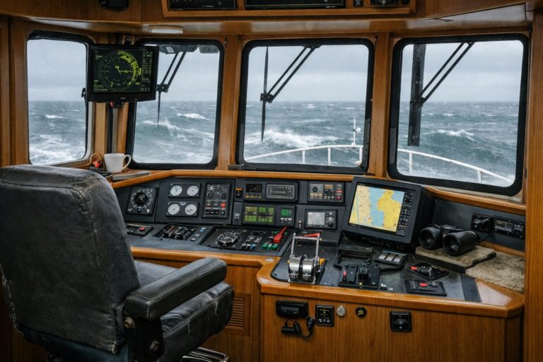 Pilothouse interior with navigation instruments and ocean view on a trawler yacht