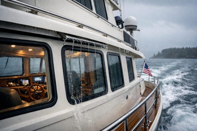 Rain falling on North Pacific Yacht pilothouse windows with navigation instruments visible inside