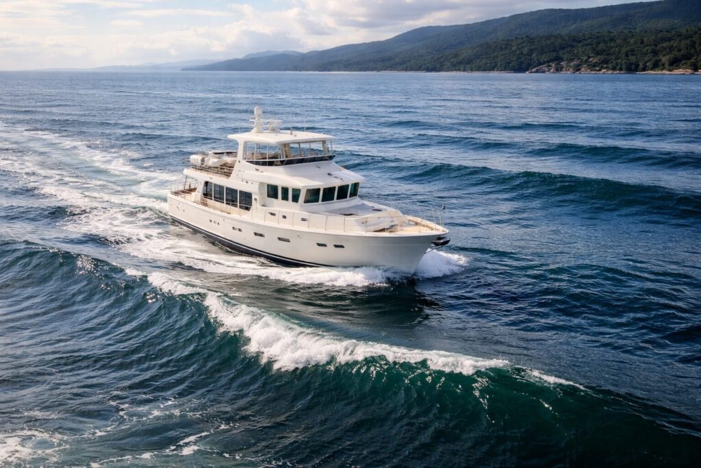Custom North Pacific Yacht cruising on ocean near forested coastline