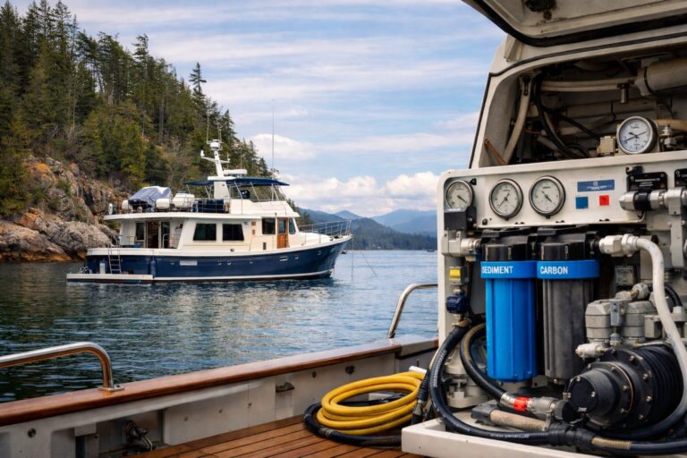 North Pacific yacht anchored near forested rocky shore with onboard water filtration system visible