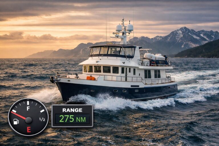 North Pacific Yacht cruising near mountainous coastline with fuel gauge and 275 NM range display