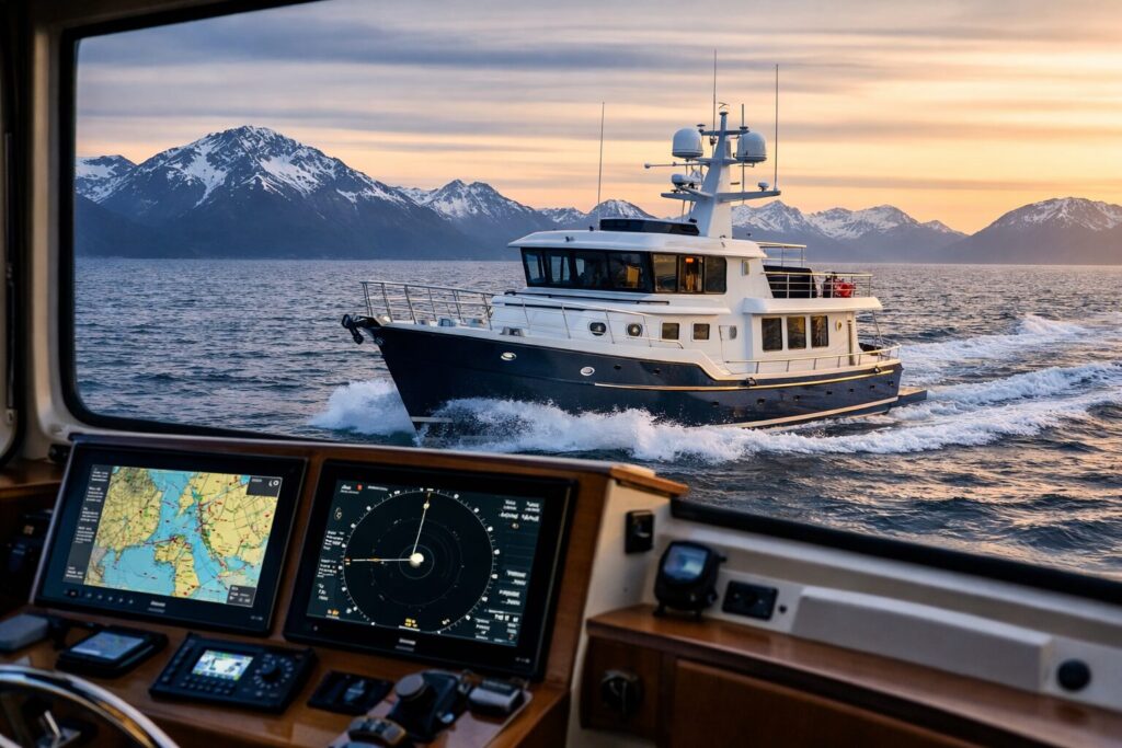 North Pacific Yachts pilothouse cruising near snow-capped mountains at sunset