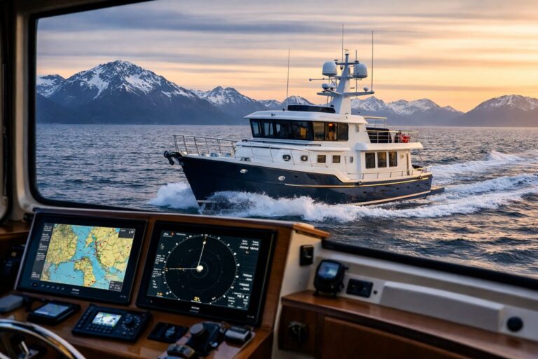 North Pacific Yachts pilothouse cruising near snow-capped mountains at sunset