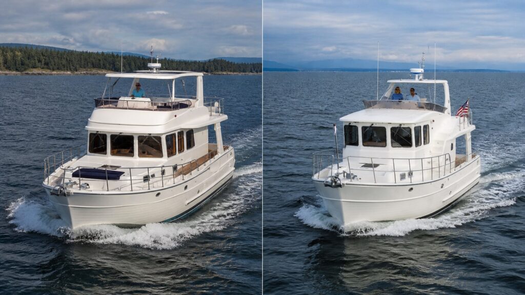 Side-by-side views of the North Pacific 44 Sedan and 45 Pilothouse cruising on open water